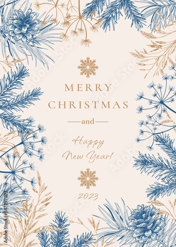 Christmas frame with fir and pine branches and cones. Vintage card with dried grasses.  Botanical vector illustration. Blue and Golden. Sketch.