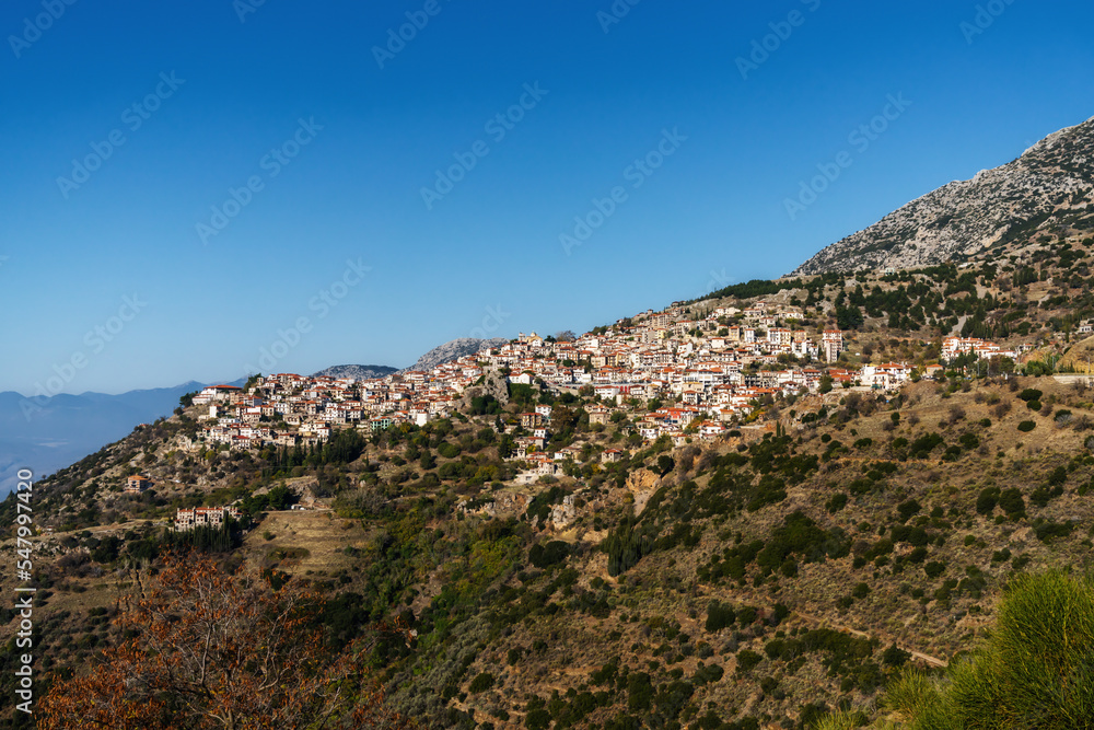 view of the mountain village of Arachova in central Greece