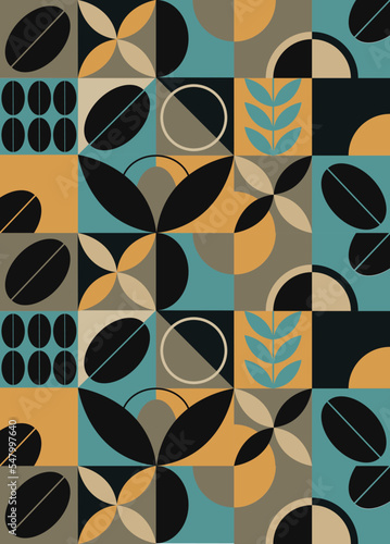Geometric coffee pattern design. Colored vector drawing. Banner poster card business card design.