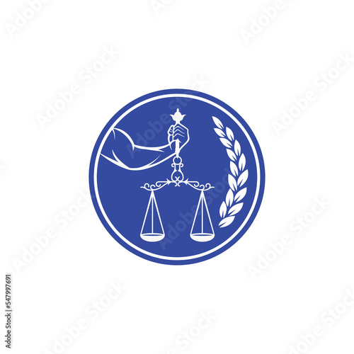 Strong male arm holding scales lawyer circle logo. Vector