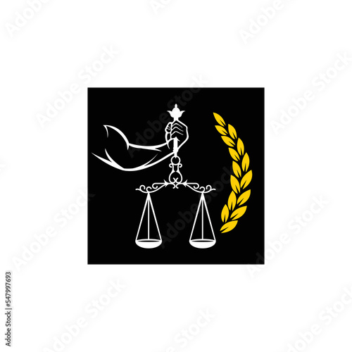 Strong male arm holding scales lawyer square logo. Vector