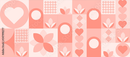 Seamless pattern, background of abstract geometric simple shapes with hearts, flowers, circles and squares in retro style. For the background or cover of invitation cards for Mother's Day, Valentine's