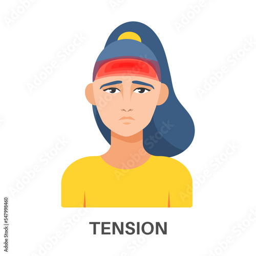 Face of sick woman with head pains vector illustration. Types of headache, pain around eyes, migraine, sinus headache isolated on white background. Health, medicine concept