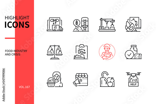 Food industry and crisis - modern line design style icons set