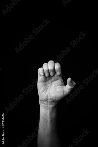 Hand demonstrating the French sign language letter 'E' with copy space