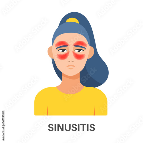 Face of sick woman with head pains vector illustration. Headache, pain around eyes, migraine, sinus headache isolated on white background. Medicine concept