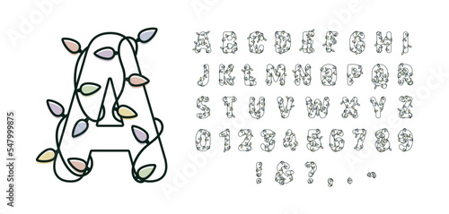 Christmas Lights Alphabet Monogram for Winter Holidays String Lights Font New Year Party Letters and Numbers