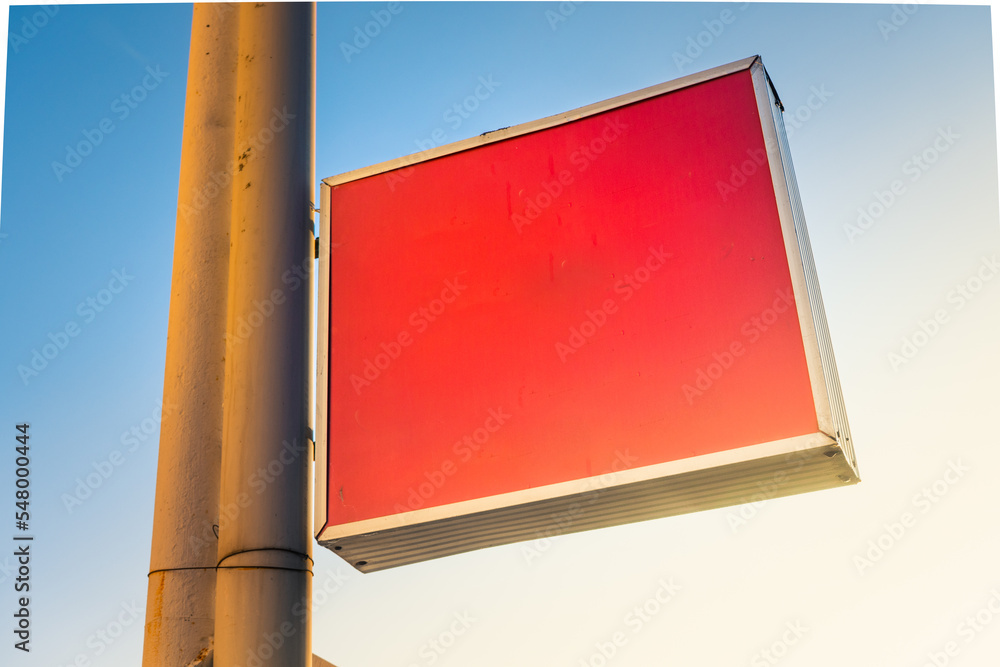 Blank red plastic signboard on post. Empty mounted sign plate mock up ...