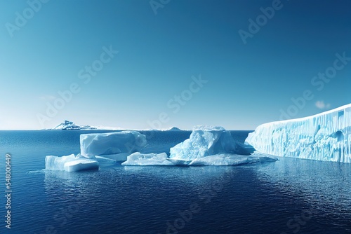 iceberg in polar regions floating in the dark blue ocean on a beautiful sunny day with blue skies, generative ai