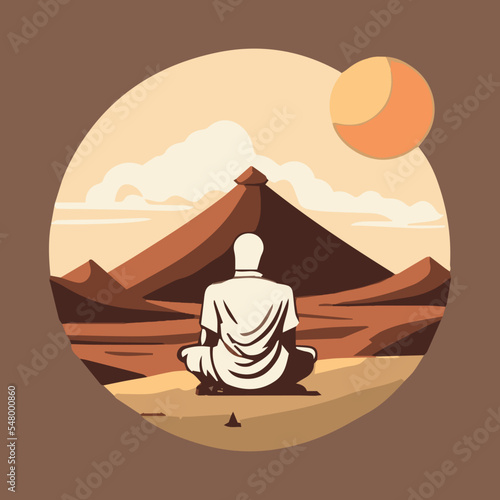 Monk meditating. Vector art of meditation. Buddhism religion Tradition buddha culture. Religious prayer. Achieving calm and nirvana. Zen character in lotus pose sitting down. Wisdom of tibet. Logo