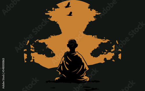 Monk meditating. Vector art of meditation. Buddhism religion Tradition buddha culture. Religious prayer. Achieving calm and nirvana. Zen character in lotus pose sitting down. Wisdom of tibet. Logo