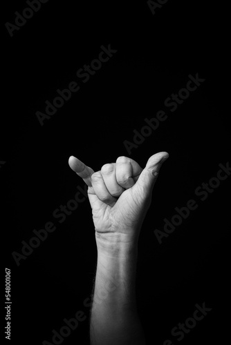 Hand demonstrating the French sign language letter 'Y' with copy space