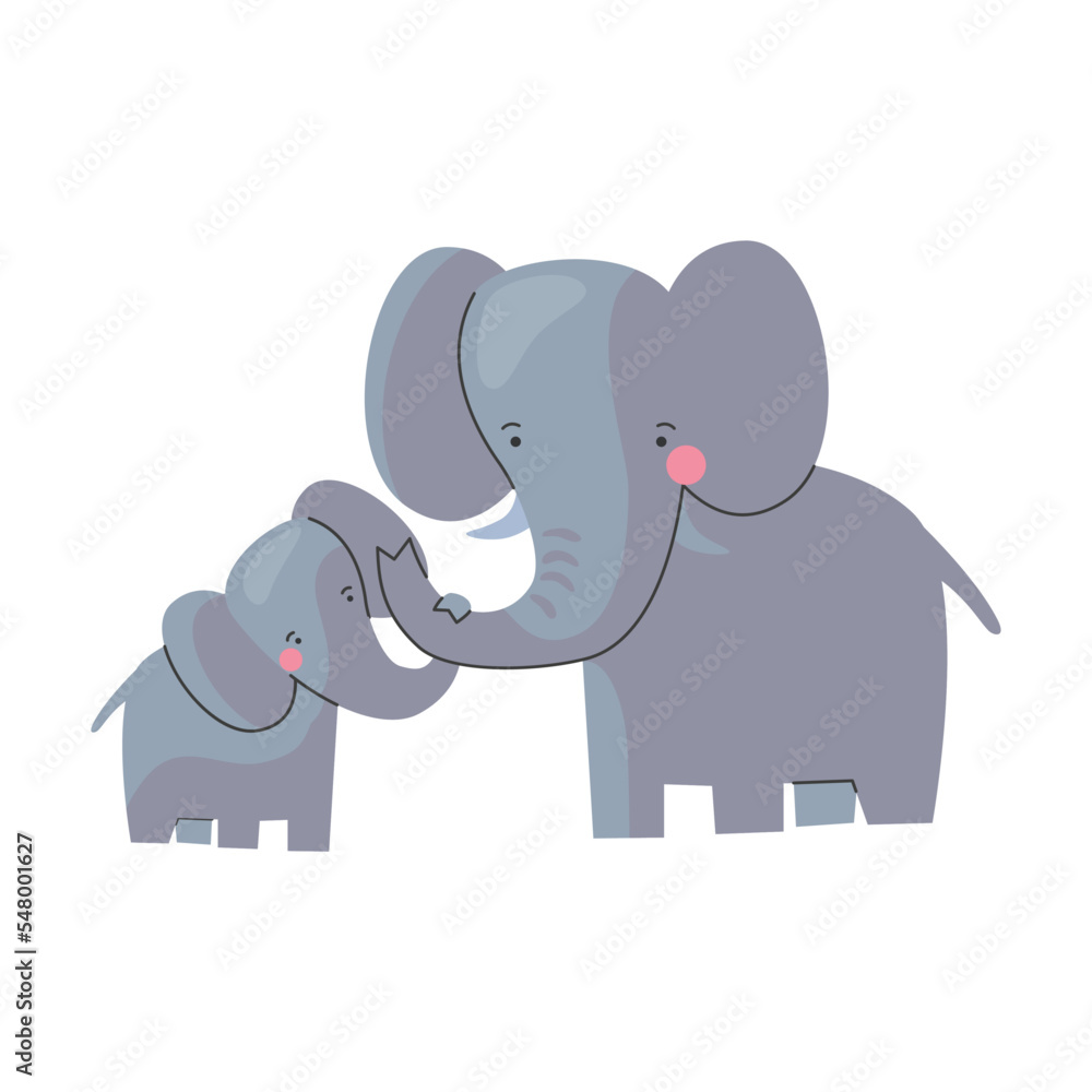 Animal elephant mom and baby, cute cartoon family. Vector illustration of animal happy parent and small child. Motherhood concept Animal elephant mom and baby, cute cartoon family. Vector illustration of animal happy parent and small child. Motherhood concept