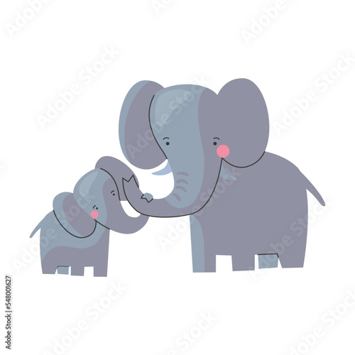 Animal elephant mom and baby, cute cartoon family. Vector illustration of animal happy parent and small child. Motherhood concept