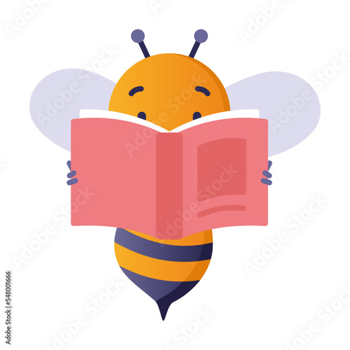Little smart bee reads a book. Back to school. Vector illustration of smart bee student. Education concept