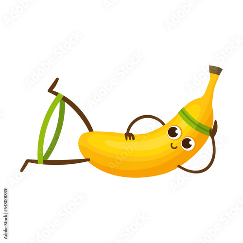 Funny ripe banana fruit character doing yoga. Kawaii comic fruit having workout. Cartoon vector illustration. Food, body wellness, gym sport concept