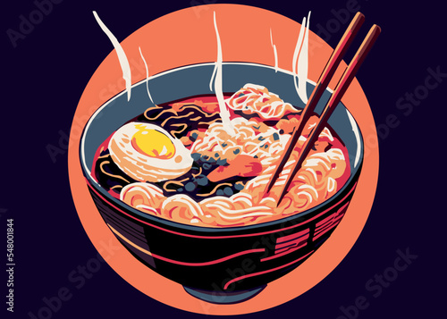 Delicious hot bowl of japanese ramen. Traditional delicious food. Graphic art of asian cuisine. Noodles with eggs. Chopsticks. Tasty isolated poster of fresh meat pork and seaweed meal.