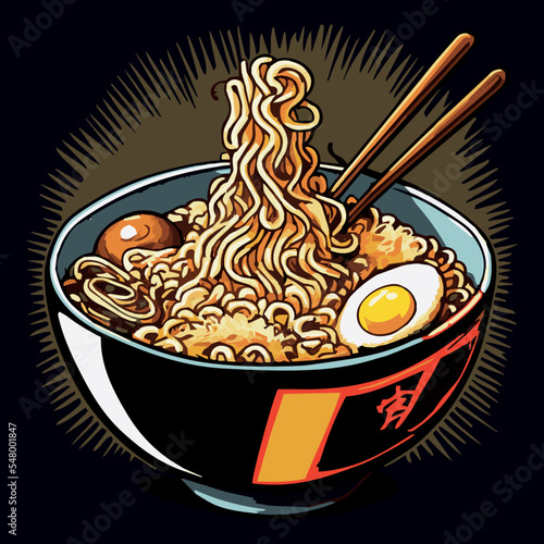 Delicious hot bowl of japanese ramen. Traditional delicious food. Graphic art of asian cuisine. Noodles with eggs. Chopsticks. Tasty isolated poster of fresh meat pork and seaweed meal.