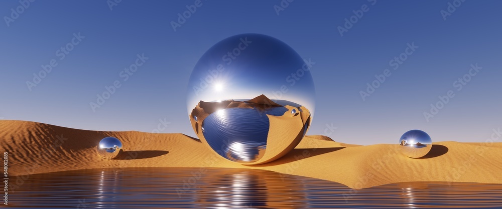 3d rendering, abstract fantastic background. Surreal desert landscape with  sand dunes, water and glossy chrome metallic balls under the clear blue sky  Stock-Illustration | Adobe Stock