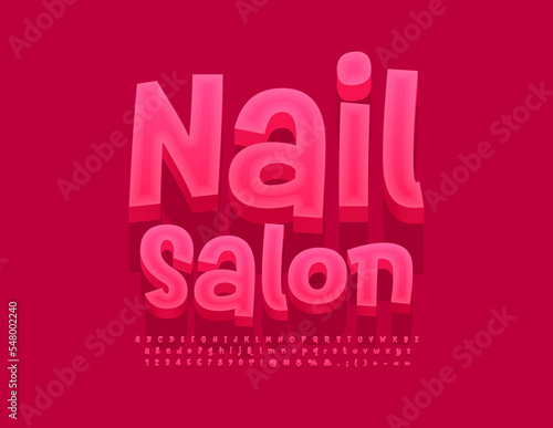 Vector modern sign Nail Salon. Stylish Red 3D Font. Artistic Alphabet Letters and Numbers.