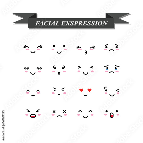 Set of different cute facial expression icons isolated on a white background