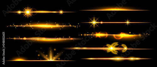 Gold line flare set, vector yellow lights, magic glowing dust, cosmic shiny sparkle collection. Abstract beam kit, orange space ray flash, game energy effect illustration. Gold line glitter elements