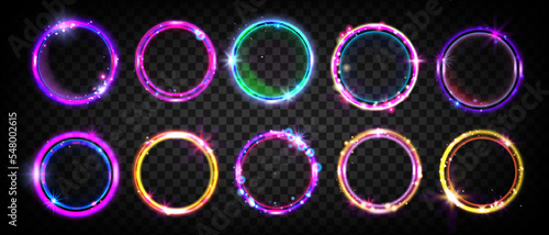 Neon circle set, circular game frame kit, UI futuristic techno glow led rings, vector light portal. Neon circle on transparent background. Cyberpunk cosmic round shapes, abstract electric shiny tunnel