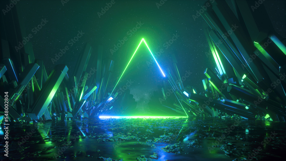 3d rendering, abstract green neon background with crystals and glowing