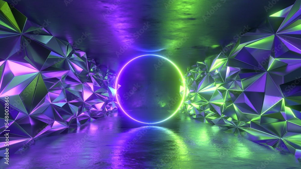 Fototapeta premium 3d render, abstract neon background. Empty room with crystallized wall panels and glowing ring. Futuristic tunnel or corridor