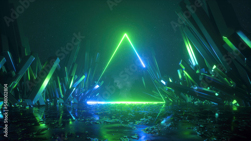 3d rendering, abstract green neon background with crystals and glowing triangular frame laser line. Fantastic virtual reality wallpaper © wacomka