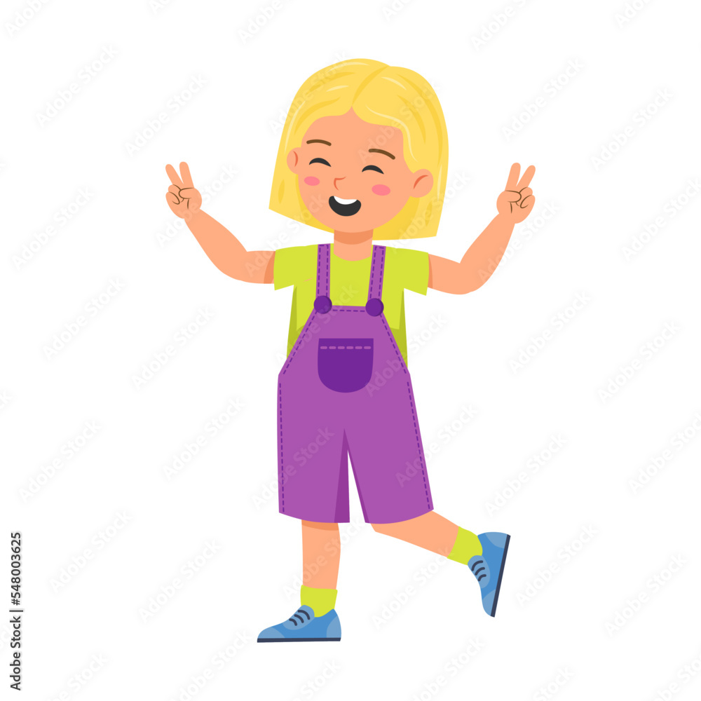Girl child cheerfully runs and shows sign of peace on fingers cartoon vector. Small little kids face expression. Schoolgirl children moods. Expressive for emotions or feelings concept
