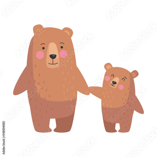 Animal brown grizzly bear mom and baby, cute cartoon family. Vector illustration of animal happy parent and small child. Motherhood concept