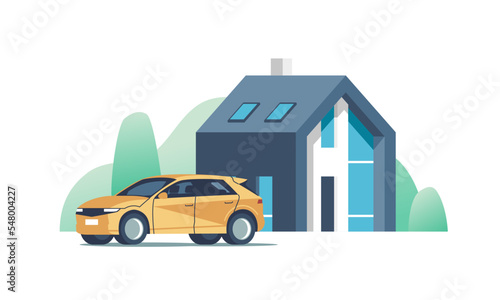 Suburban modern house. Family home with auto. Vector illustration.