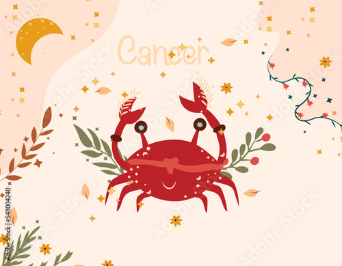 Cancer zodiac sign. Cute banner with Cancer, stars, flowers, and leaves. Astrological sign of the zodiac. Vector illustration.