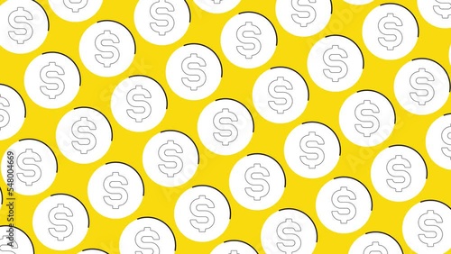 Thin line US Dollar currency symbols in pattern on a yellow background. Seamless loop dynamic pattern with regular symbols rotating around (ID: 548004669)