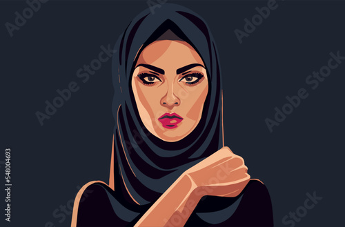 Strong arabic woman. Beautiful vector illustration of middle east lady wearing a hijab. Iran protest. Revolution icon.