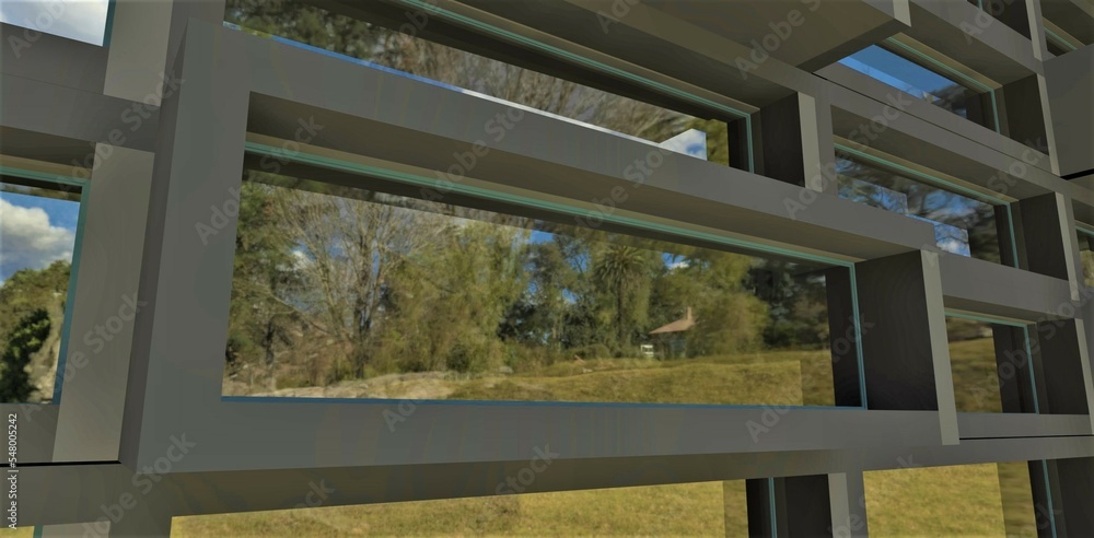 Fototapeta premium An architectural abstraction in the form of a brutal construction of the facade of an elite apartment building, the windows of which reflect a wonderful countryside landscape. 3d rendering.