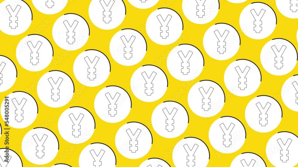 Thin line Japanese currency Yen symbols in pattern on a yellow background. Seamless loop dynamic pattern with regular symbols rotating around Thin line Japanese currency Yen symbols in pattern on a yellow background. Seamless loop dynamic pattern with regular symbols rotating around