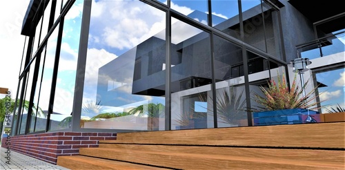 Wooden steps and glass facade of the contemporary country dwelling located in the clean ecological region. Good illustration for modern real estate designers. 3d rendering.