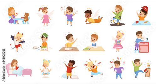 Naughty and Obedient Kids Engaged in Different Activity Big Vector Set
