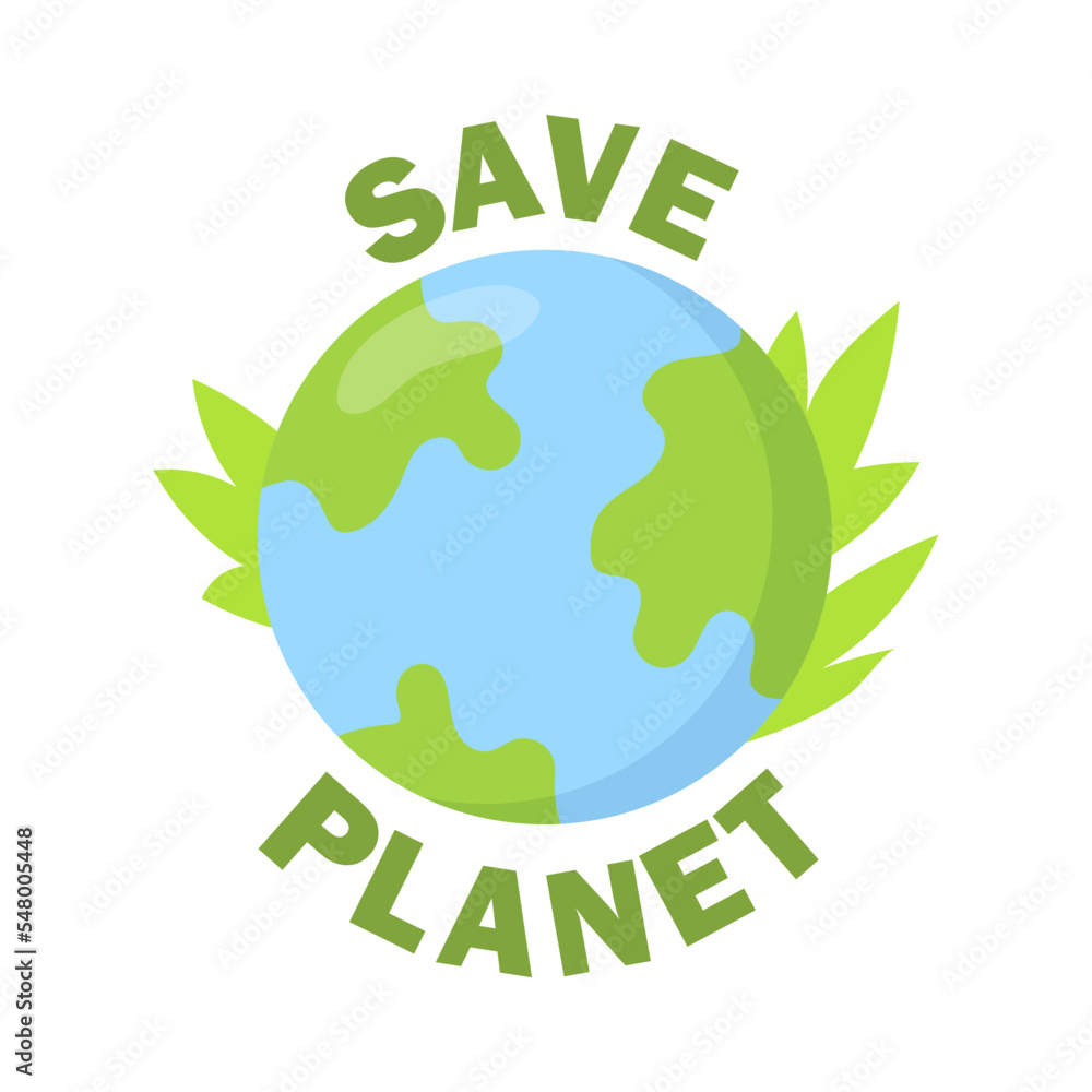 Bright ecology flat sticker. Planet earth with inscription take care of planet and plant leaves isolated vector illustration. Nature protection and environment concept