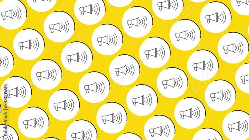 Thin line Loudspeaker symbols in pattern on a yellow background. Seamless loop dynamic pattern with regular symbols rotating around (ID: 548005613)