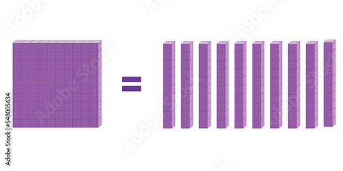 Ten rod blocks equal one flat block. Flat is made of ten rods. Vector illustration.