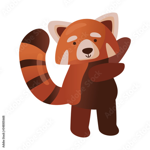 Cute cartoon red panda happily waving his paws. Vector illustration of Chinese animal character from wild forest or pet from zoo. Wildlife nature concept
