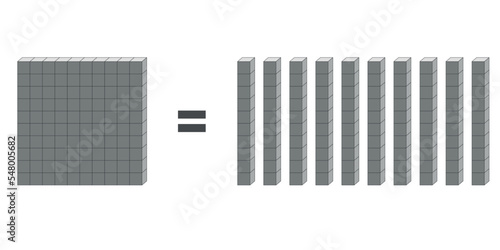 Ten rod blocks equal one flat block. Flat is made of ten rods. Vector illustration.