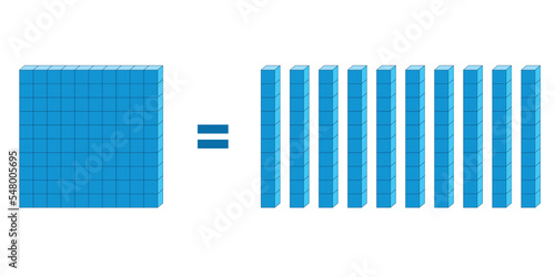 Ten rod blocks equal one flat block. Flat is made of ten rods. Vector illustration.