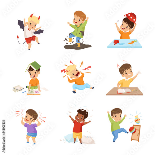 Naughty Boy Splashing in Puddle, Wearing Saucepan on Head, Tearing Pillow and Grimacing Big Vector Set