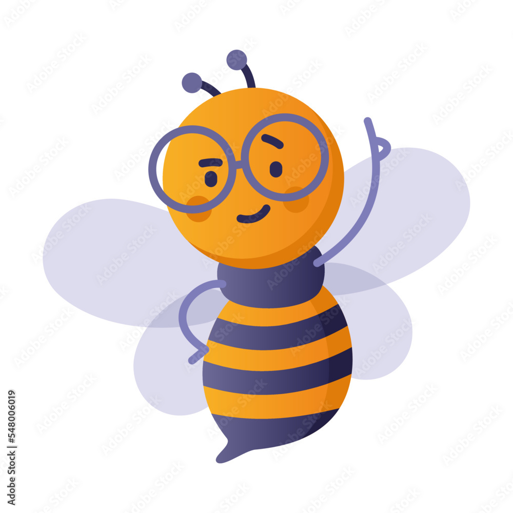 Smart bee in glasses raised up hand with his index finger. Back to school. Vector illustration of smart bee student. Education concept Smart bee in glasses raised up hand with his index finger. Back to school. Vector illustration of smart bee student. Education concept