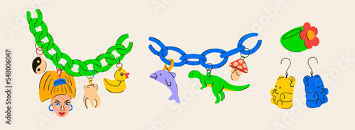 Plastic acrylic fake jewelry. Fashion colorful ring, earrings, necklace chain with various pendants: doll's head, tooth, duck, bear, mushroom, dinosaur, dolphin. Hand drawn Vector illustration