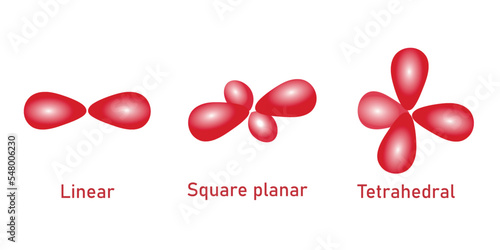 The hybrid orbitals required for linear, square planar and tetrahedral complex ions. Scientific vector illustration isolated on white background.